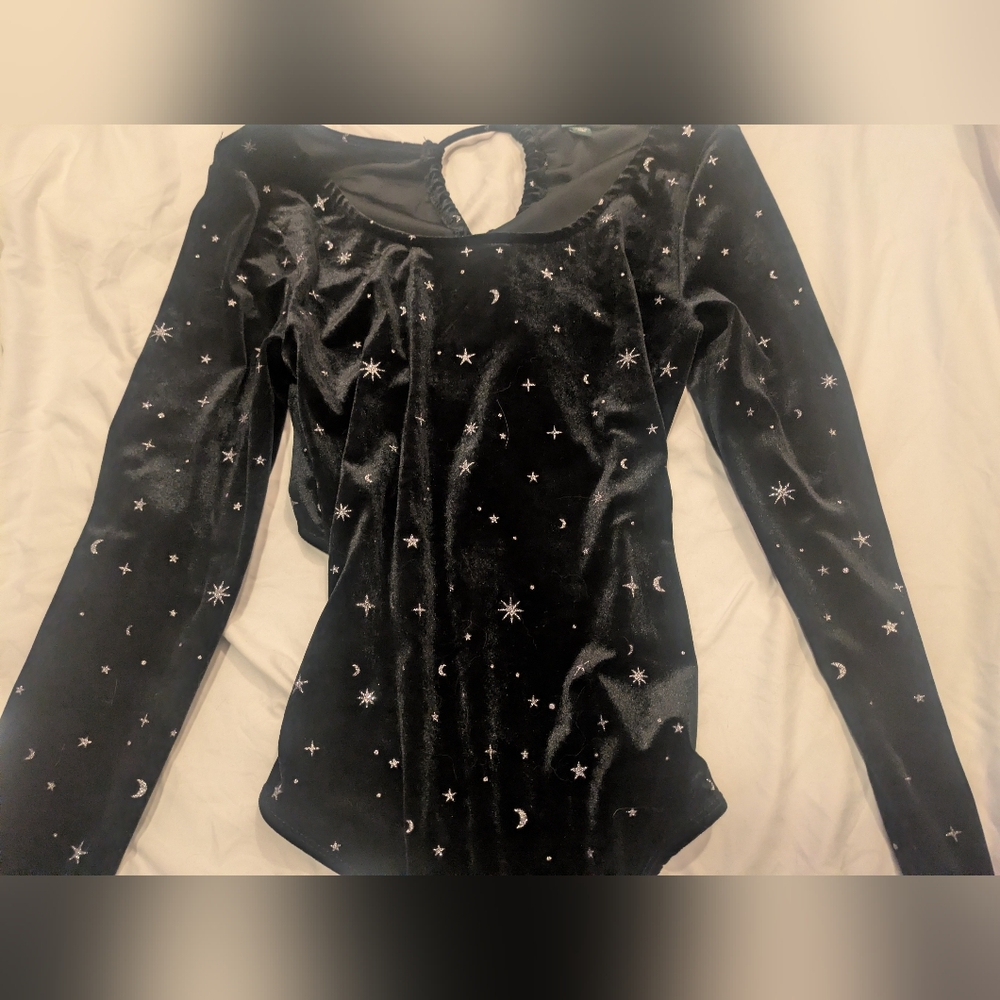 Whimsigoth Open Back Celestial Velvet Bodysuit in Midnight Black - Picture 4 of 8
